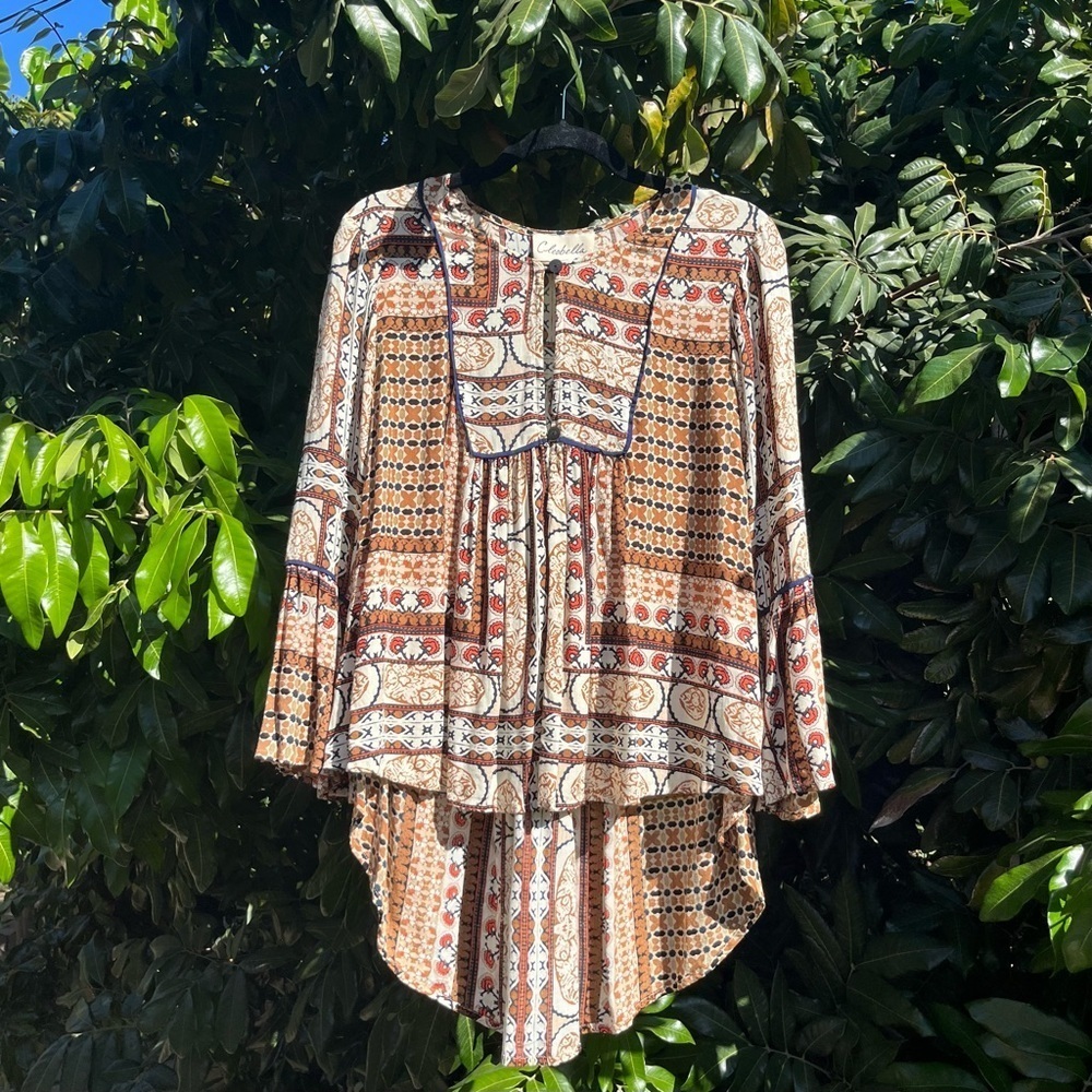 Cleobella brown tan floral print bell sleeve hi lo hem blouse